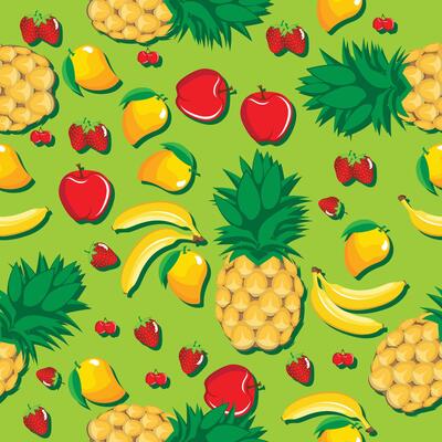 Mango, pineapple, apple, strawberry, banana, cherry mix fruits seamless pattern on aqua green abstract background