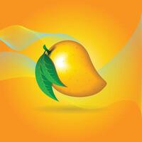 Mango fruit on orange gradient background with colourful lined waves vector