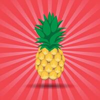 Colourful pineapple fruit on red and pink gradient sunburst background, abstract background. vector