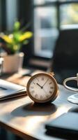 Peaceful Work Area with Coffee dan Clock photo