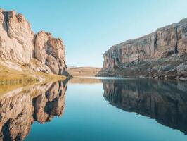 Rocky Cliffs Encompass a Calm Lake photo