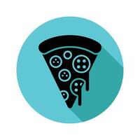 Pizza slice icon with pepperoni in black color on a cyan circle background vector