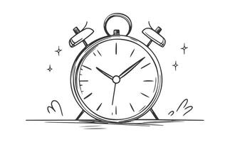 Sketch Style Alarm Clock Ringing with Time Hands and Stars on White Background vector