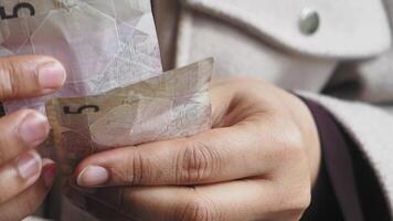 Counting money in hands while standing outside on a cloudy day video