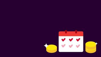 Animation of calendar with marked days and gold coins, symbolizing daily rewards, financial planning, or scheduled savings in a vibrant design video