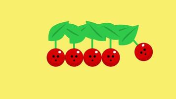 A cheerful line of cherries marches in harmony across a yellow background, creating a fun and vibrant visual rhythm video