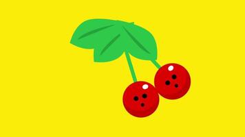 Two cherries with a green leaf sit centered on a bright yellow background, evoking simplicity and freshness video