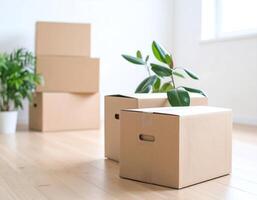 Empty Room Filled with Cardboard Moving Boxes photo