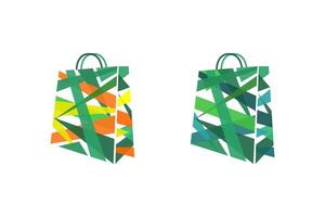 Shopping icon creative concept. Bright lettering Lets Go Shopping. Handbag shape with geometric colorful texture mask. Shopping bag logo idea. Isolated abstract graphic design template vector
