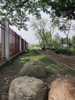 Scenic view of railroad tracks with boulders and trees photo