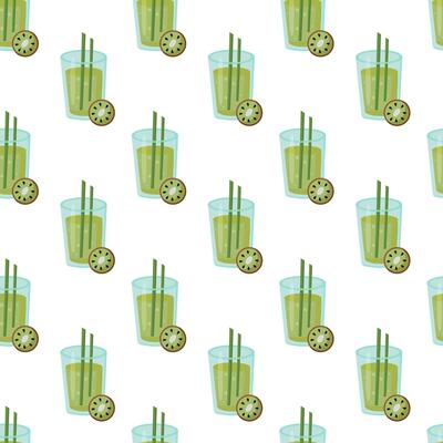 Seamless Pattern with Fruit Kiwi cocktail in glass with straw. Fresh summer drink. illustration.