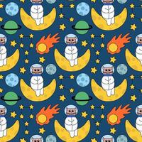 Seamless Pattern with cute Cat astronaut in space sit on moon. Stars, Constellation, Comet, Planet. Flat Illustration. vector