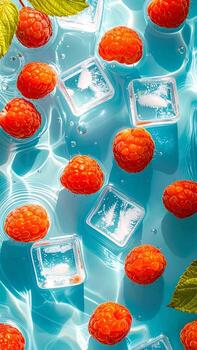 floating ice and raspberry in water with refreshing photo