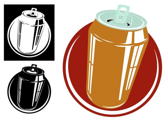 open aluminum can with carbonated drink. Symbol, template for labels of alcoholic and non alcoholic drinks. isolated on white background