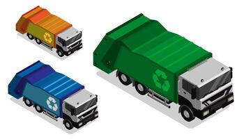 Isometric garbage truck. Collection, sorting and recycling of garbage in the city, metropolitan area. Realistic 3D isolated on white background vector
