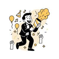 illustration of a joyful man popping a confetti cannon surrounded by balloons, music notes, and cheering hands. Great for festive web pages vector