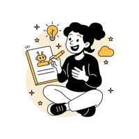 woman brainstorming AI ideas while drawing a robot icon on paper. Features light bulb, cloud, and flat cartoon elements with clean, modern design. vector
