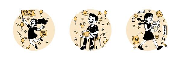 Back to school adventures, girl navigating with a map, boy answering questions in class, and girl celebrating the first day. Colorful flat cartoon set for education themes. vector