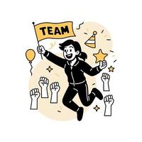 joyful woman jumping with a TEAM flag and star trophy, surrounded by cheering hands and festive icons vector