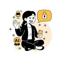 woman using a voice-enabled smart AI assistant on her mobile device. Features security lock icon and clean flat cartoon style with tech elements. vector