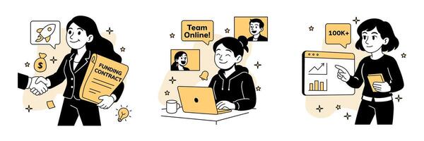 set of women in business communication scenes, securing investor funding, managing a remote team, and analyzing user data. for startup and leadership vector