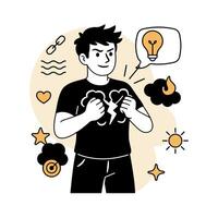 illustration of a man breaking through negative thoughts with positive mindset symbols like lightbulb, target, sun, and heart. Mental health concept. vector