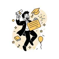 happy man celebrating graduation, tossing a cap while holding a certificate and diploma. vector