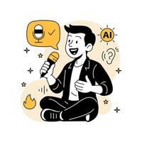 illustration of a man testing AI voice recognition using a microphone. Includes speech bubble, AI and audio icons in a clean flat cartoon style with bold outlines. vector
