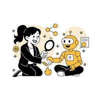 illustration of a woman interacting with a robot assistant. Features handshake, magnifying glass, and AI icons in a clean flat cartoon style focused on artificial intelligence. vector