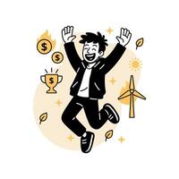 illustration of a happy man jumping in celebration, surrounded by wind energy, dollar signs, leaves, and a trophy, symbolizing profit from renewable and sustainable energy growth. vector