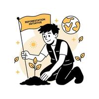 illustration of a man planting a sapling under a Reforestation Initiative flag, promoting eco friendly development and sustainable economic growth through natural resource restoration. vector