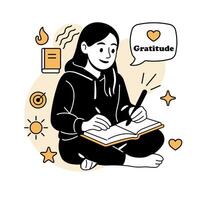 illustration of a woman writing in a journal with a calm expression, representing gratitude, self-reflection, and positive thinking for mental health and well-being. vector