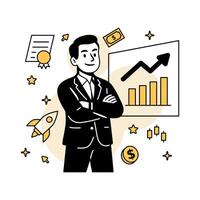 illustration of a confident businessman standing with arms crossed in front of a rising stock chart, symbolizing success, investment growth, and financial leadership. vector