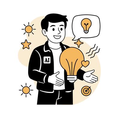 illustration of a smiling man holding a glowing light bulb, symbolizing positive thinking, new ideas, and mental clarity in a wellness and psychology concept.