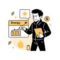 illustration of a man analyzing a renewable energy dashboard with charts, sun icon, and battery, representing sustainable energy tracking and eco friendly economic progress. vector
