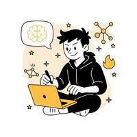illustration of a man coding an AI model on a laptop. Features neural network icons, brain symbol, and flat cartoon style with bold outlines and yellow accents. vector