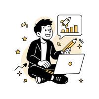 illustration of a smiling man sitting cross-legged with a laptop and pencil, analyzing rocket-growth investment charts vector
