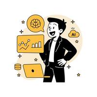 illustration of a man analyzing big data using AI. Features chart graphics, brain icon, laptop, and cloud AI symbol in a clean flat cartoon style with bold outlines. vector