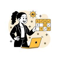 woman training an AI model using a dataset. Features a laptop, matrix chart, and AI icon in a flat cartoon style with clean tech-themed visuals. vector