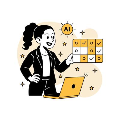 woman training an AI model using a dataset. Features a laptop, matrix chart, and AI icon in a flat cartoon style with clean tech-themed visuals.