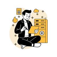 illustration of a man managing AI server infrastructure using a digital tablet. Includes server racks, icons, and clean flat design in yellow and black. vector