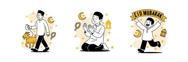 A set of three joyful cartoon illustrations for Eid al Adha, featuring a man leading a goat for sacrifice, a man praying after the sacrifice vector