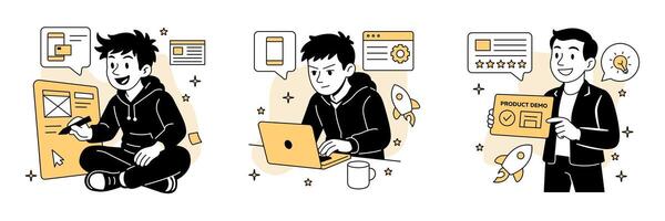 set of three business people communicating, designing a website, developing an app, and presenting a product demo. for startup, teamwork, and tech vector