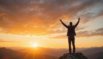 Businessman standing on top of mountain with arms raised at sunset photo