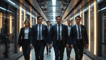 A group of business people walking down a hallway photo