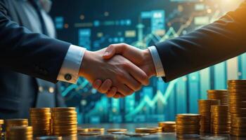 Businessmen shaking hands over stacks of gold coins photo