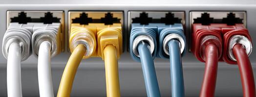 A close up of several colored cables connected to a wall photo