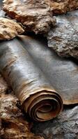 A rolled up piece of paper laying on top of rocks photo