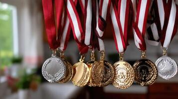 oro, plata y bronce medallas colgando en un estante foto
