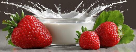 Milk and strawberries on a table photo